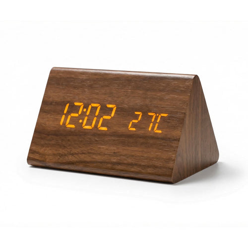 Triangular Desktop Digital Wake-Up Clock, Dimmable LED Display with Ambient Temp & Date Readout, Dual Power Supply Multi-Alarm Timepiece